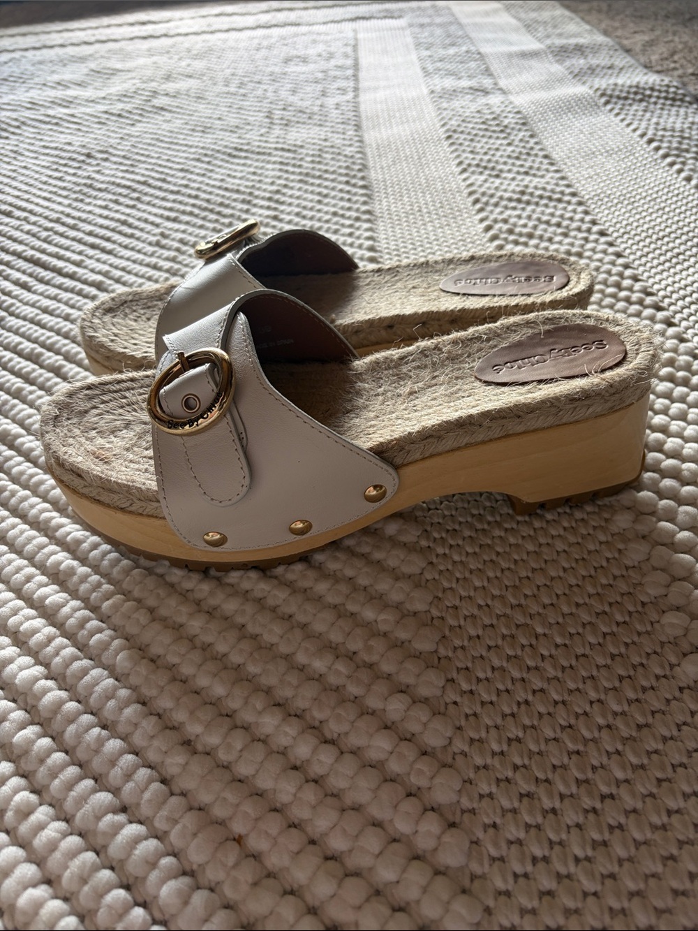 See By Chloe White Espadrille-Trim Clogs with Gold Buckle